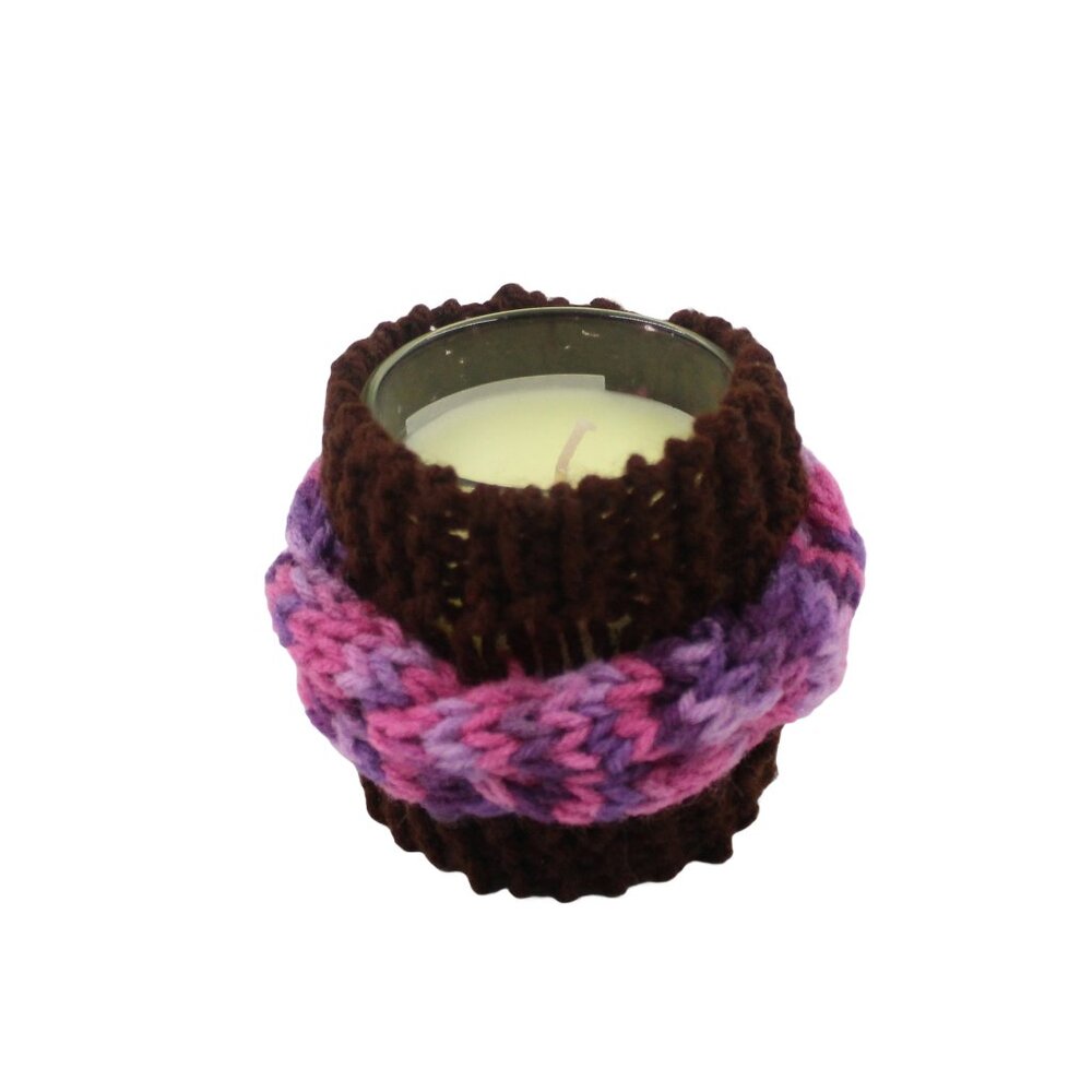 Handmade Hand Knit Coffee Brown Pink Purple Cable Knit Candle Cozy